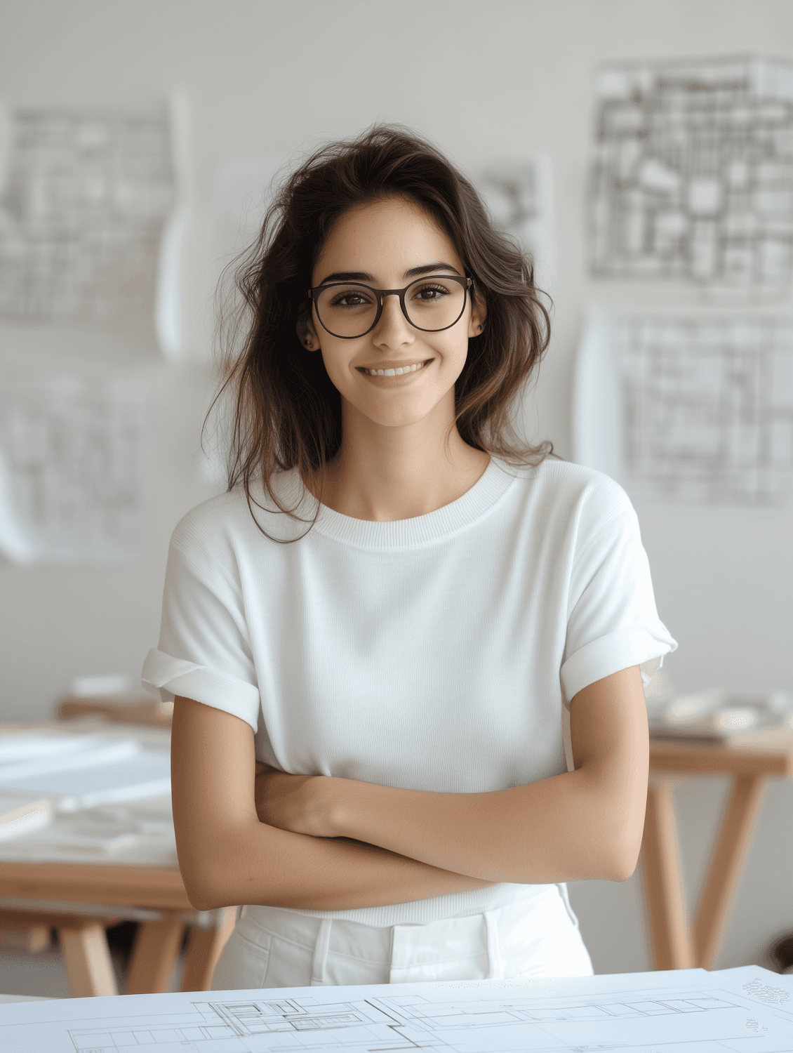 Nora Lindqvist smiling with her arms crossed in a bright design studio