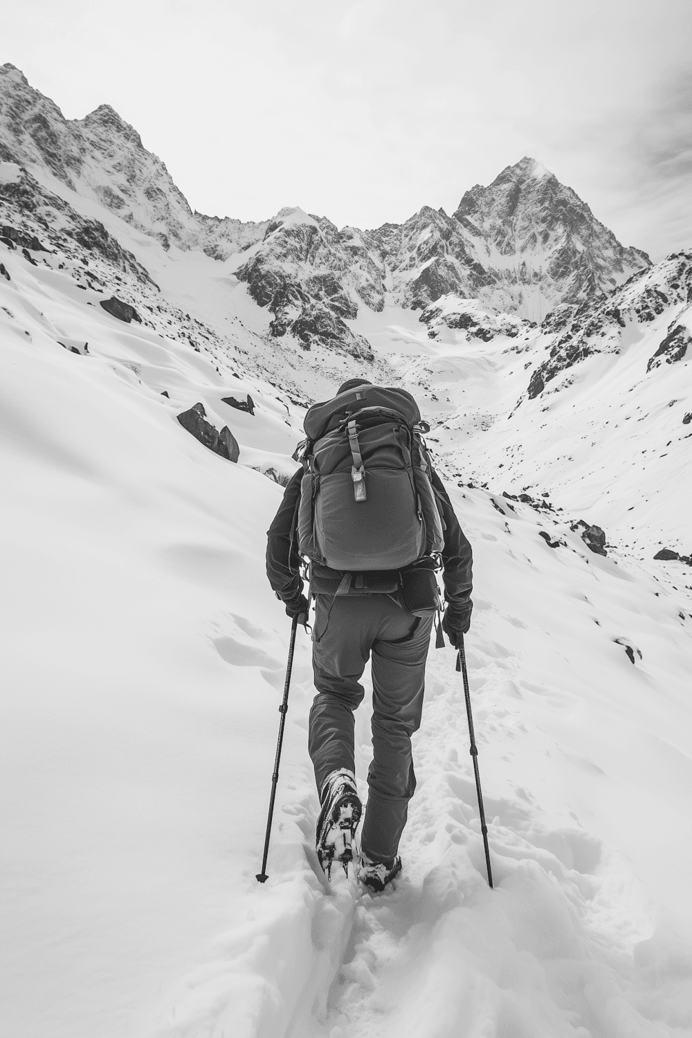A hiker with trekking poles climbing a snowy mountain trail, in black and white