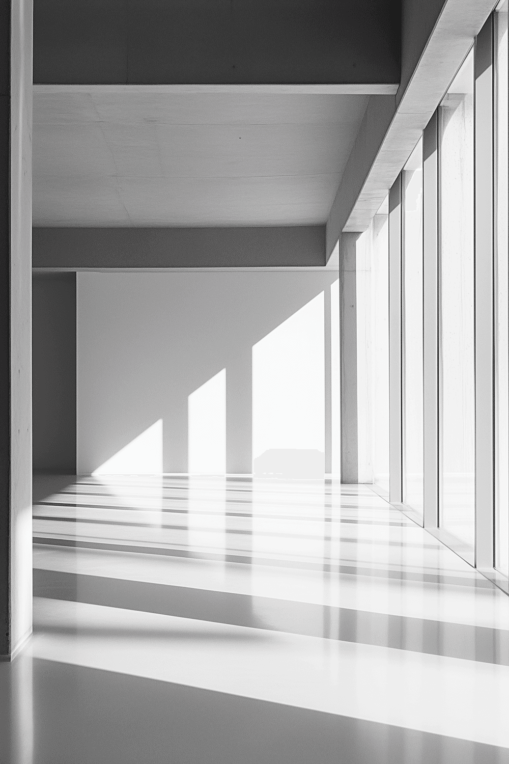 Sunlight casting long shadows across a minimal white interior with tall windows